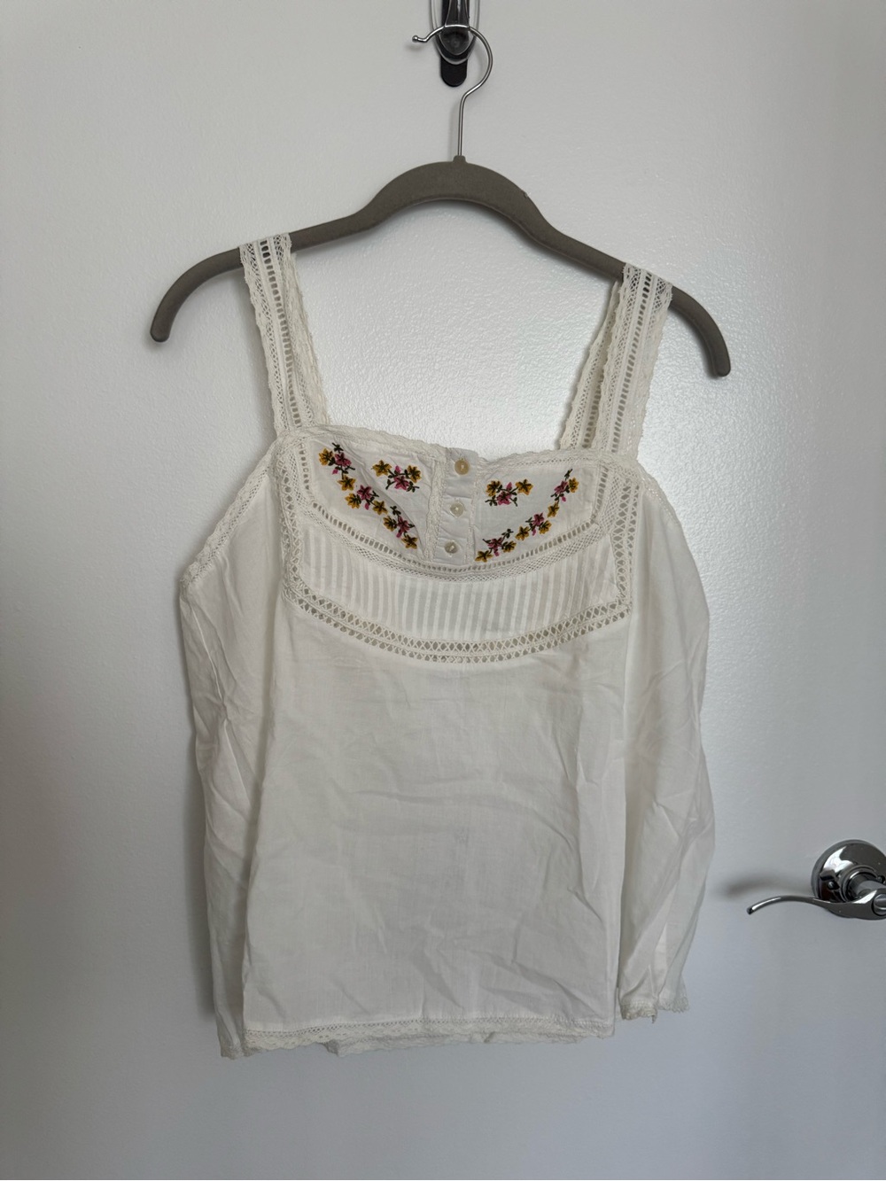 Mango White Lace-Trim Embroidered Camisole